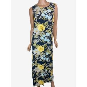 Three Hearts Sleeveless Maxi Dress Sz M Linen/Cotton Black w/ Yellow Blue Flower
